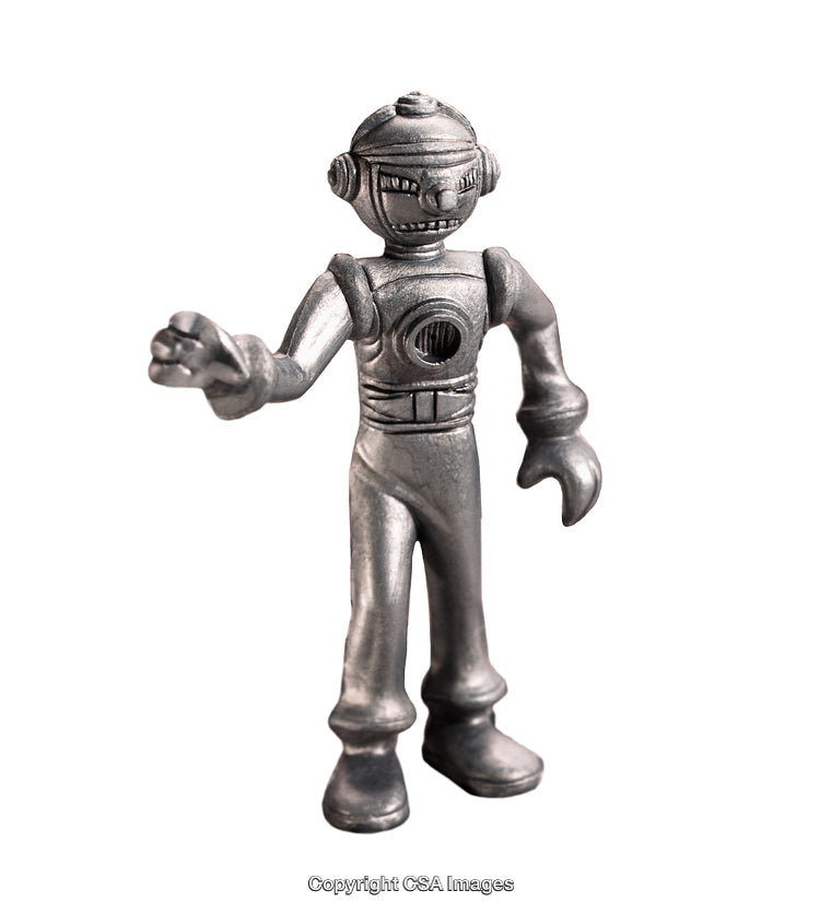 Metallic Robot Figurine in a Standing Pose Isolated on White Background
