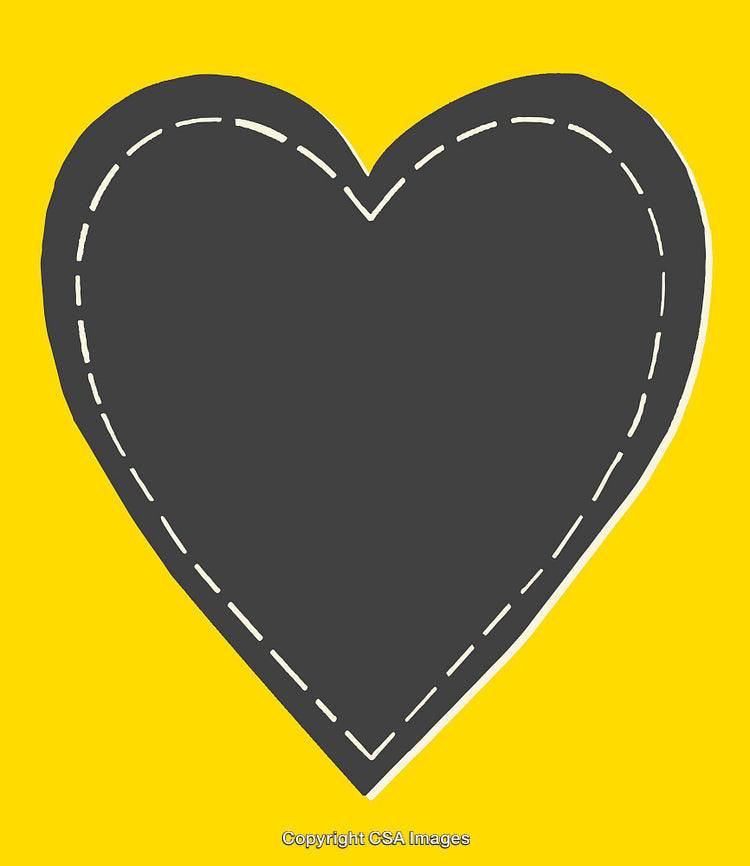 Dark Gray Heart Illustration with Stitched Border on Yellow Background