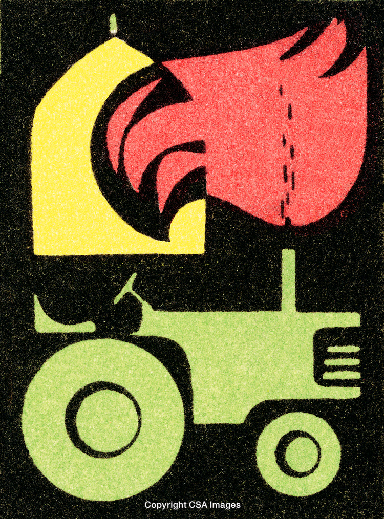 Retro Farm Tractor with Vibrant Abstract Shapes and Bold Colors
