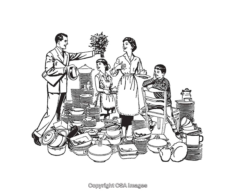 Family Teamwork Amidst Kitchen Chaos in Vintage Black and White Style