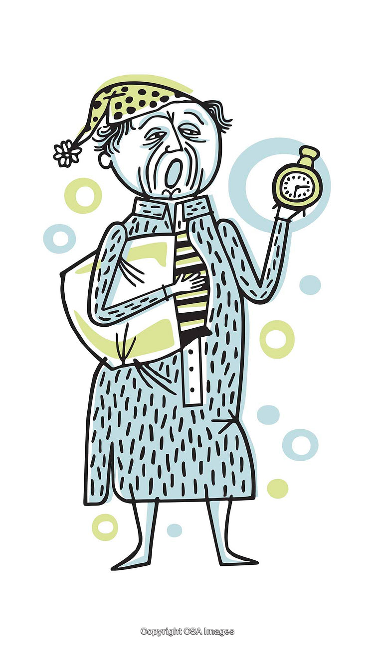 Hand-Drawn Illustration of a Yawning Man in Pajamas Holding a Pocket Watch