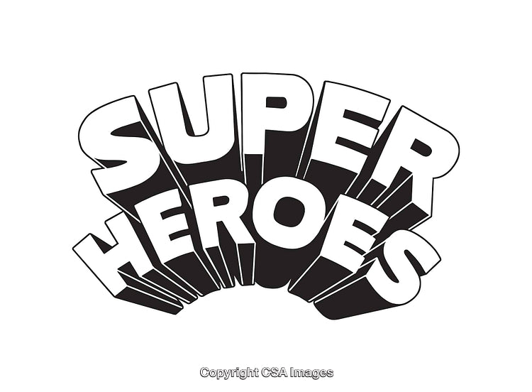 Black and White Line Art of Bold Superhero Typography