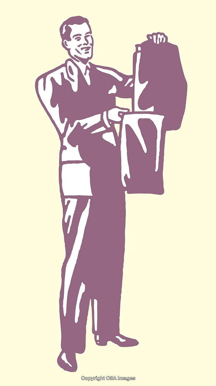 Vintage Style Color Line Art Illustration of a Man in Suit Holding Clothing