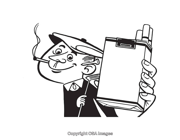 Retro Line Art of Person Holding a Cigarette and a Pack