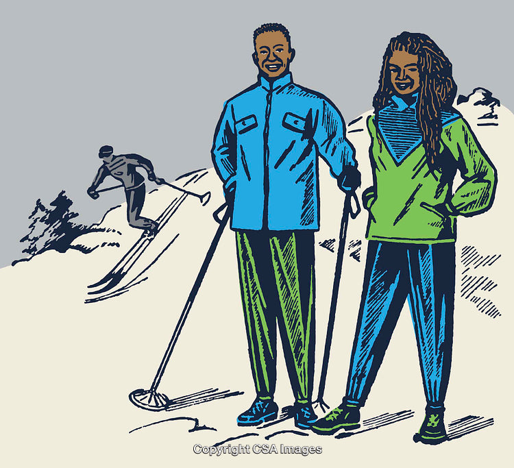 Colorful Line Art of People Enjoying a Day of Skiing in the Mountains