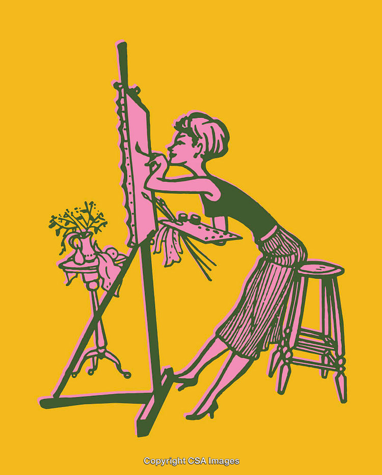 Creative Vintage Illustration of a Woman Painting on an Easel