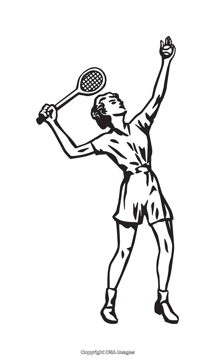Vintage Black and White Illustration of a Woman Playing Tennis