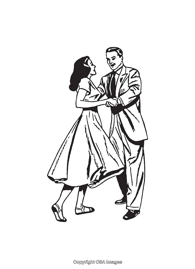 Black and White Illustration of a Couple Dancing in Elegant Attire