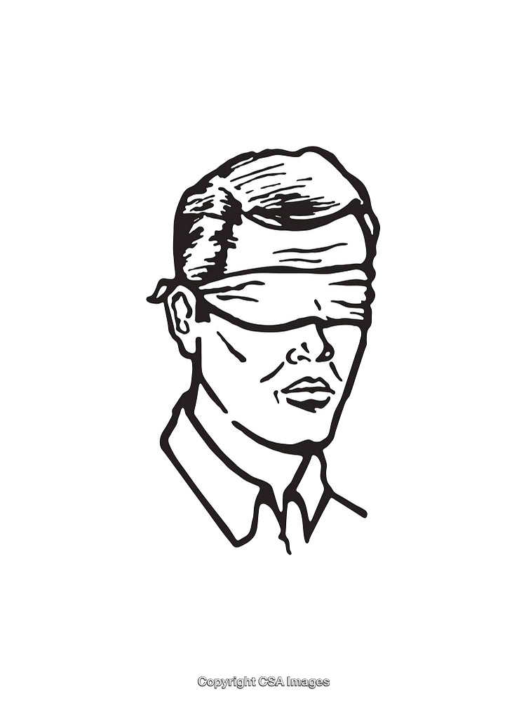 Black and White Line Art of Blindfolded Person in Minimalist Style