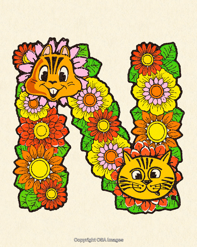 Decorative Letter N with Cat Faces and Colorful Flower Patterns