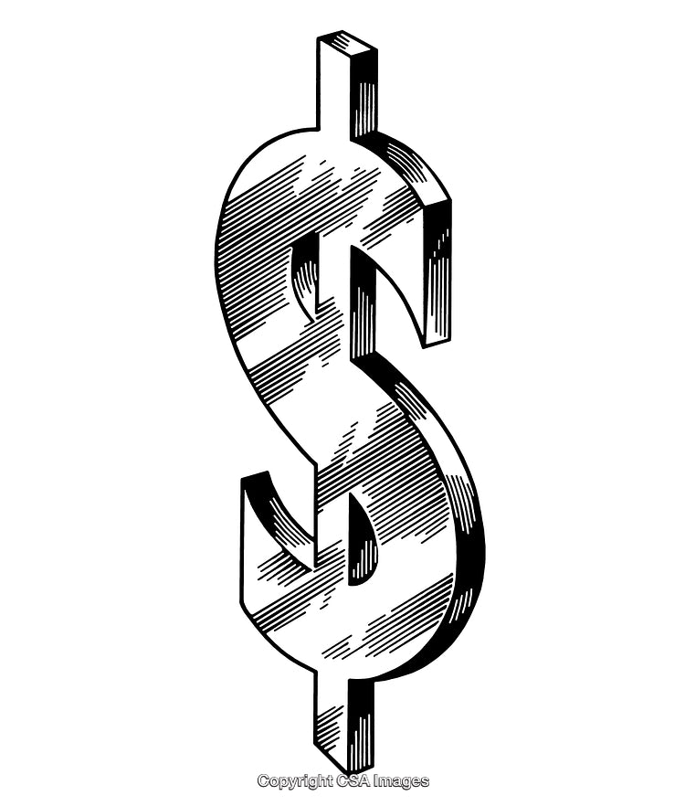 Intricate Vintage Dollar Sign Design in Black and White Engraving