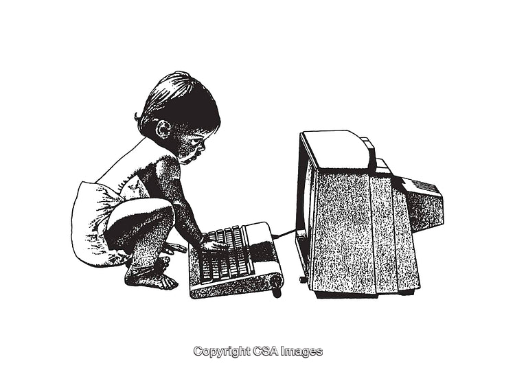 Vintage Line Art of a Child Using a Retro Computer Screen and Keyboard
