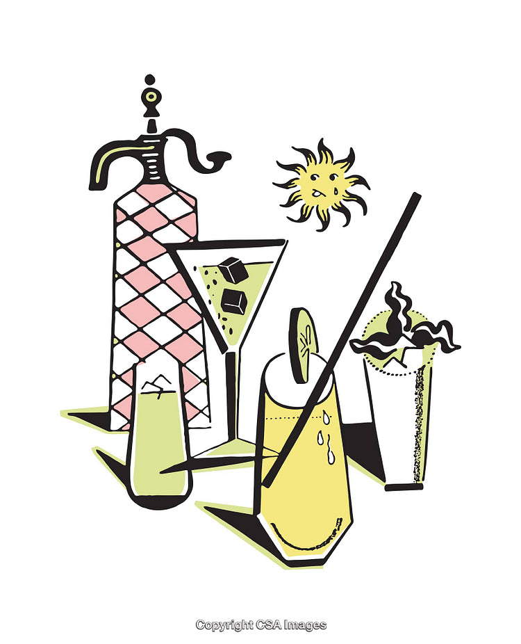 Colorful Illustration of Cocktail Glasses and Decorative Elements