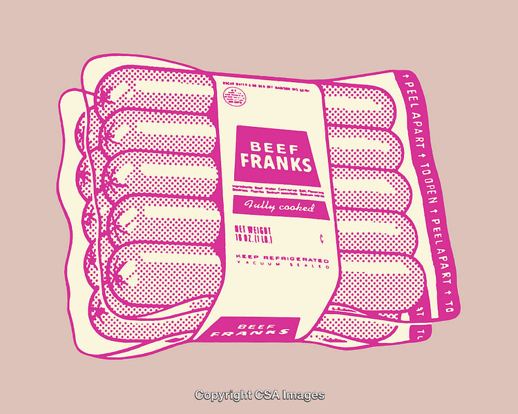 Pink-Toned Line Art Illustration of Packaged Beef Franks Product