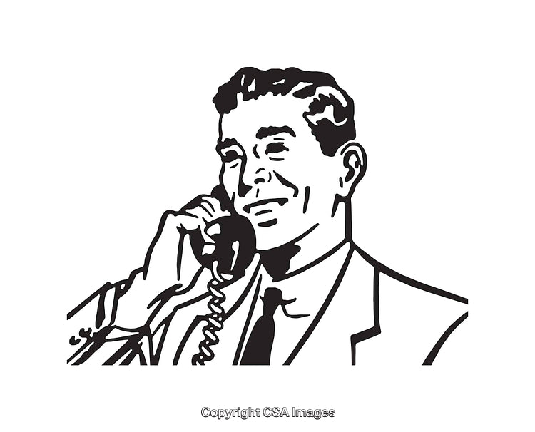 Black and White Line Art of Man Talking on a Telephone