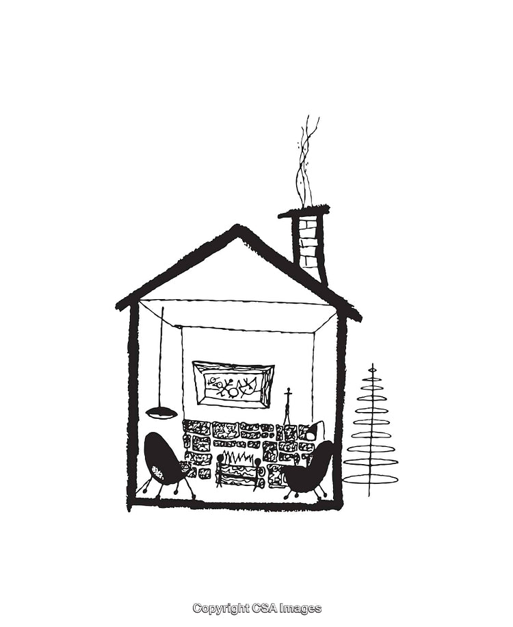 Cozy Interior Line Art with Fireplace and Minimalist Decorations