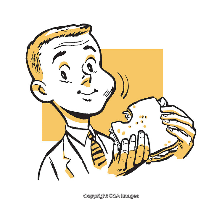 Retro Illustration of Man Enjoying a Sandwich with Yellow Background