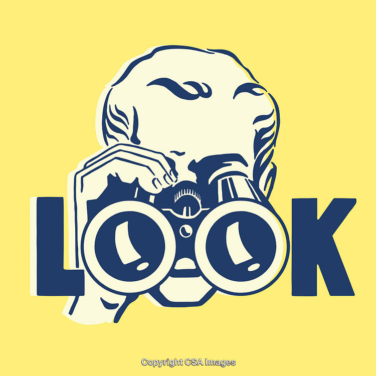 Bold Minimalist Artwork Depicting Observation Through Binoculars and Typography