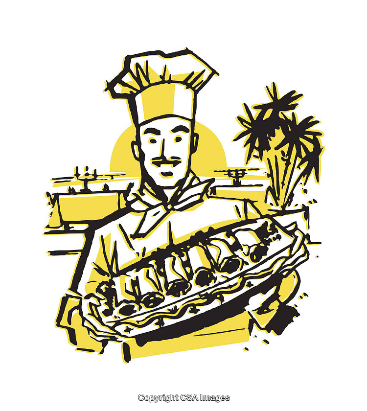 Chef Presenting a Platter of Culinary Delights with a Scenic Background