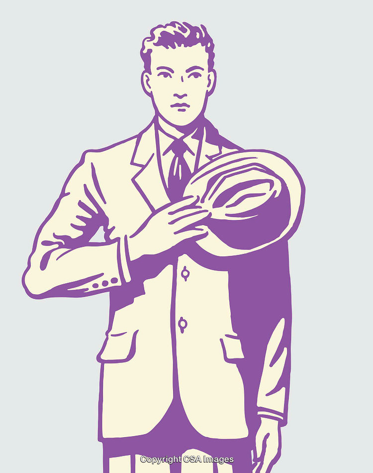 Vintage Illustration of a Man Holding a Hat in Classic Attire