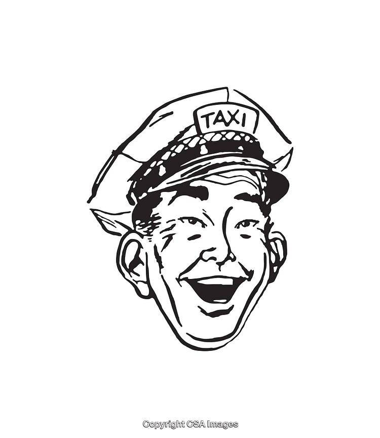 Vintage Black and White Taxi Driver Illustration with Cheerful Expression