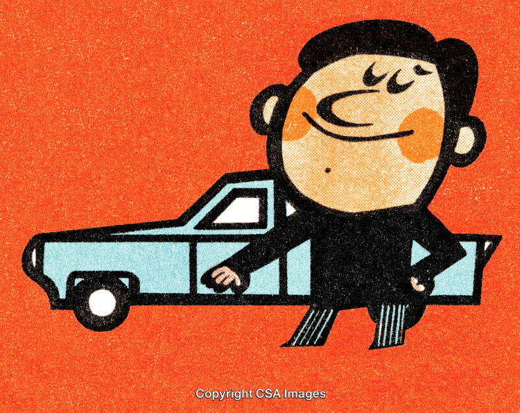 Retro Cartoon Illustration of a Confident Character Standing by a Blue Car