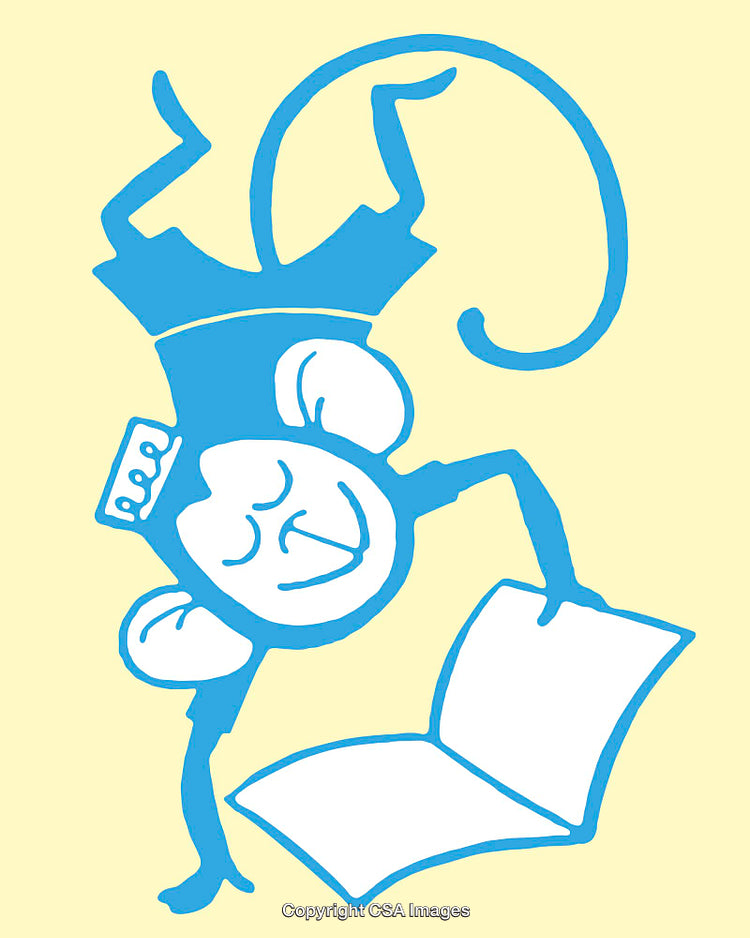 Playful Monkey Illustration in Blue With Crown and Book