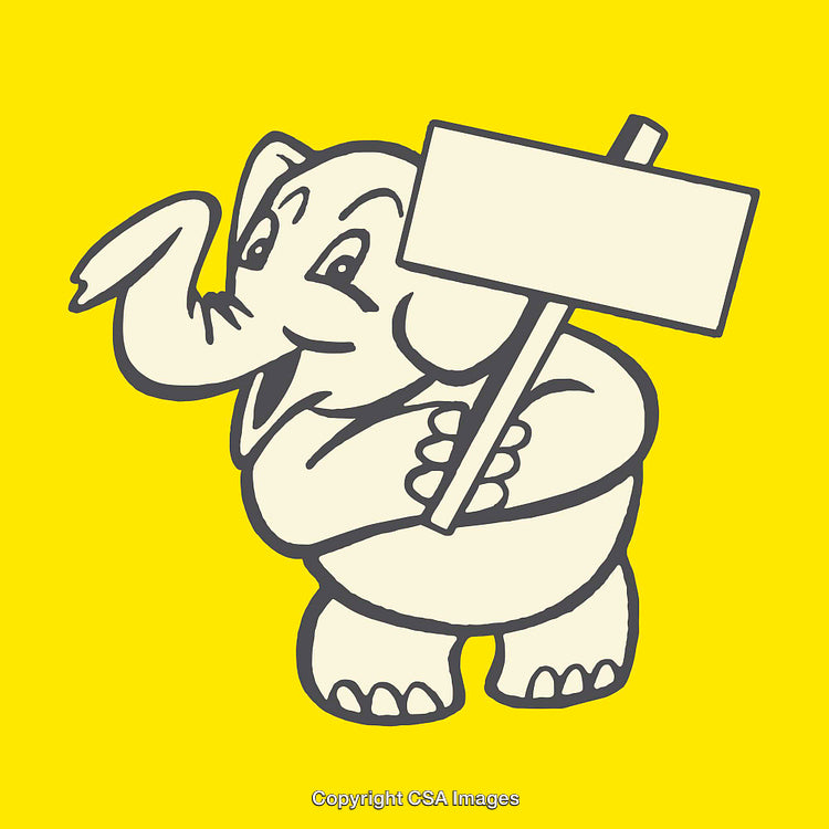 Cartoon Elephant Holding Blank Sign on Bright Yellow Background