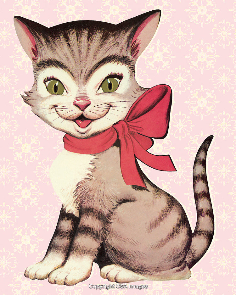 Vintage Illustration of a Happy Cat with Red Bow and Smiling Expression