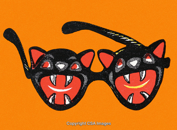 Retro Halloween-Themed Cat Motif Sunglasses on Orange Background