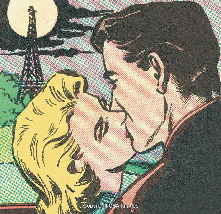 Romantic Couple Sharing a Kiss in Vintage Comic Style Artwork