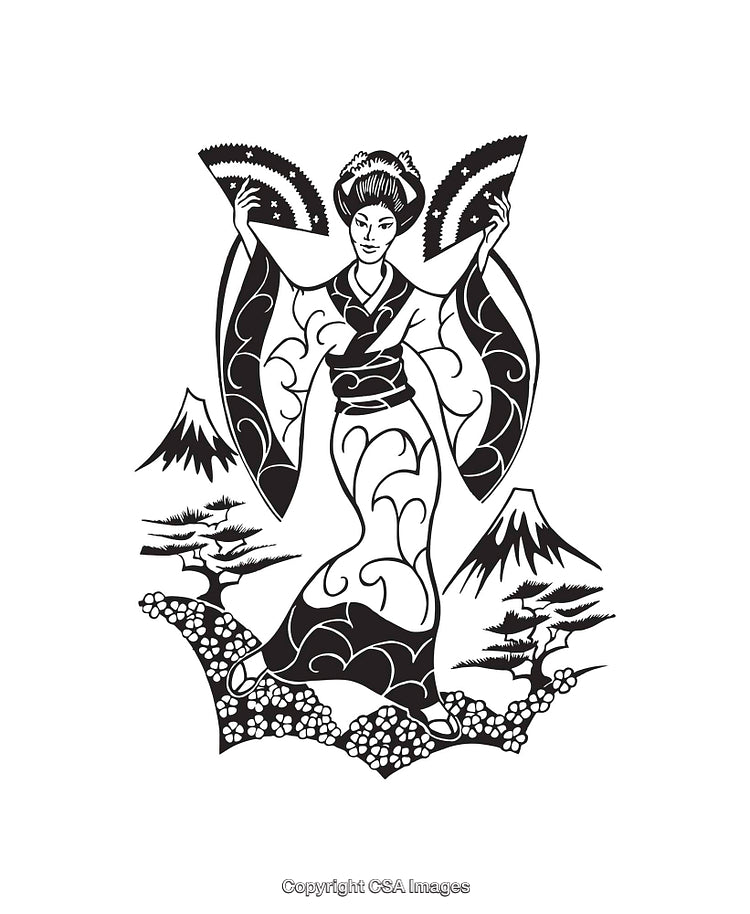 Traditional Japanese Geisha Performing Dance in Black and White Line Art