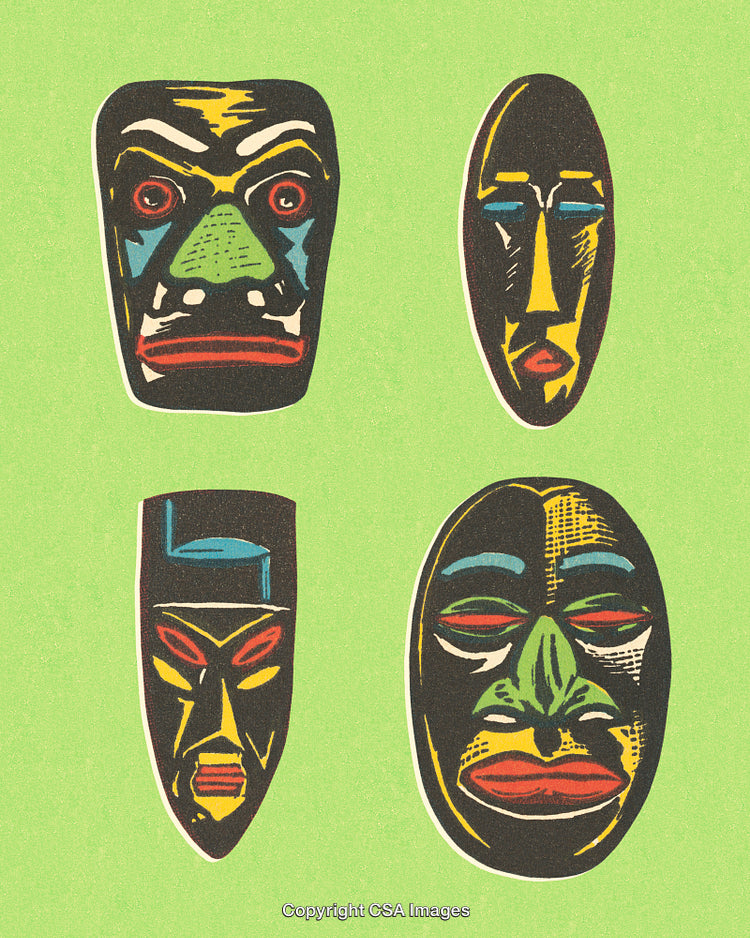 Colorful Artistic Masks Displayed on a Vibrant Green Background