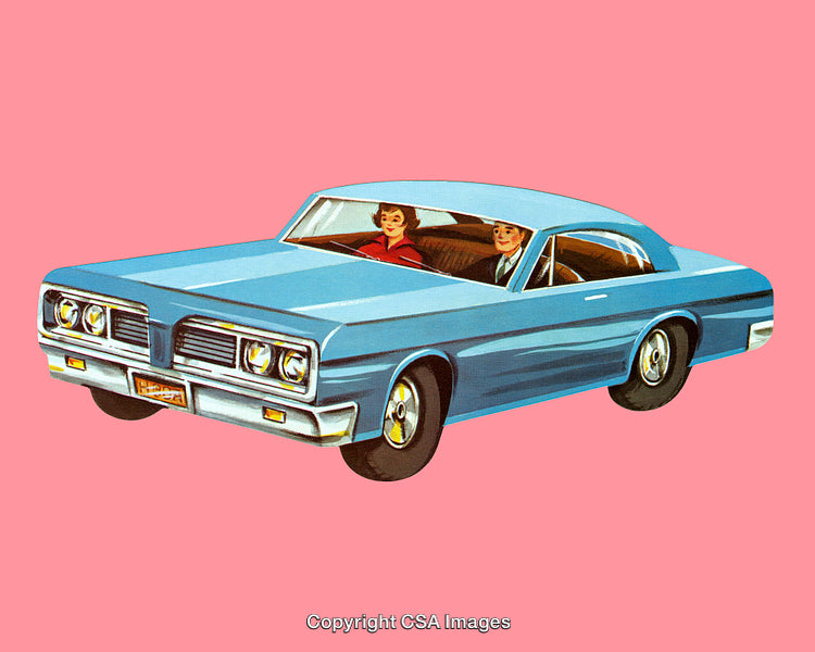 Retro Illustration of a Blue Sedan with Cheerful Passengers on Pink Background