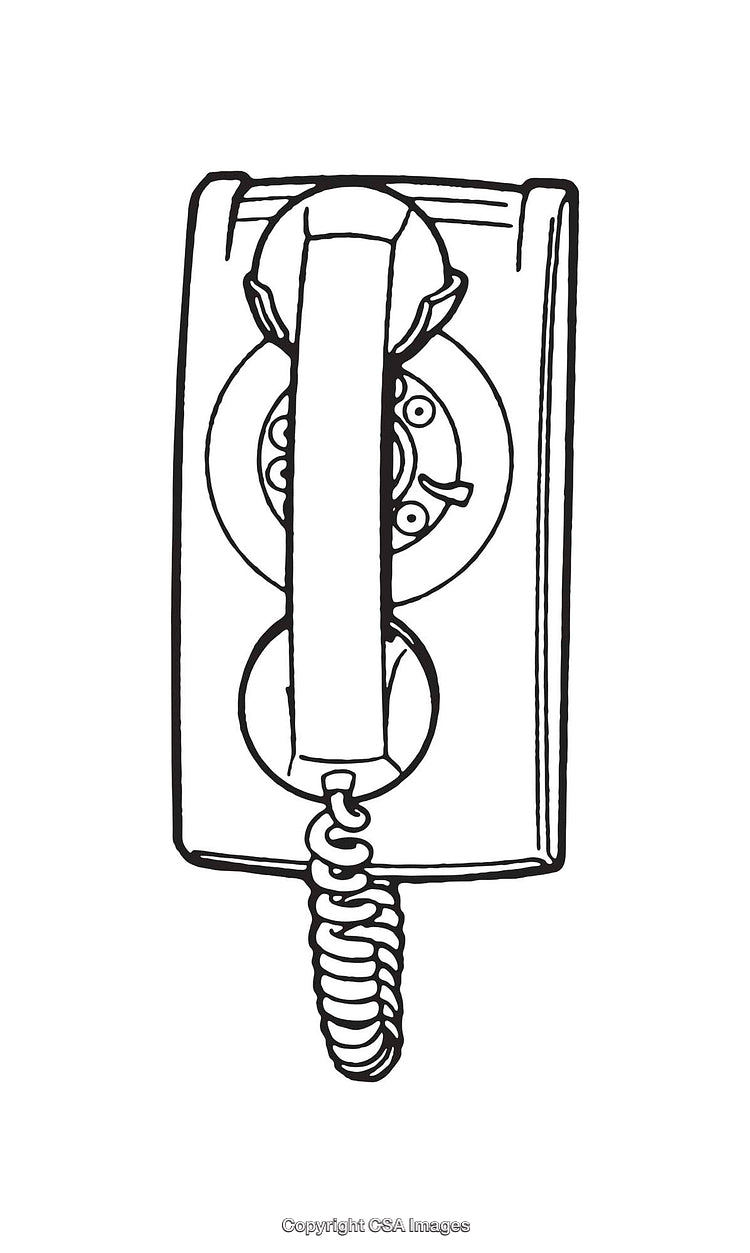Black and White Line Art of a Wall-Mounted Rotary Telephone