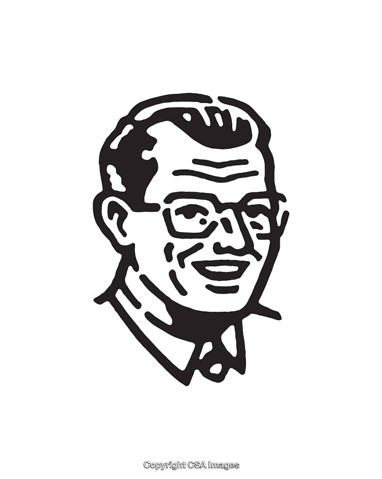 Vintage Black And White Line Art Illustration of Smiling Male Portrait