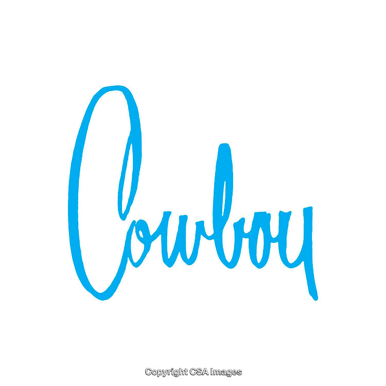 Bold Blue Handwritten Cowboy Text on White Background