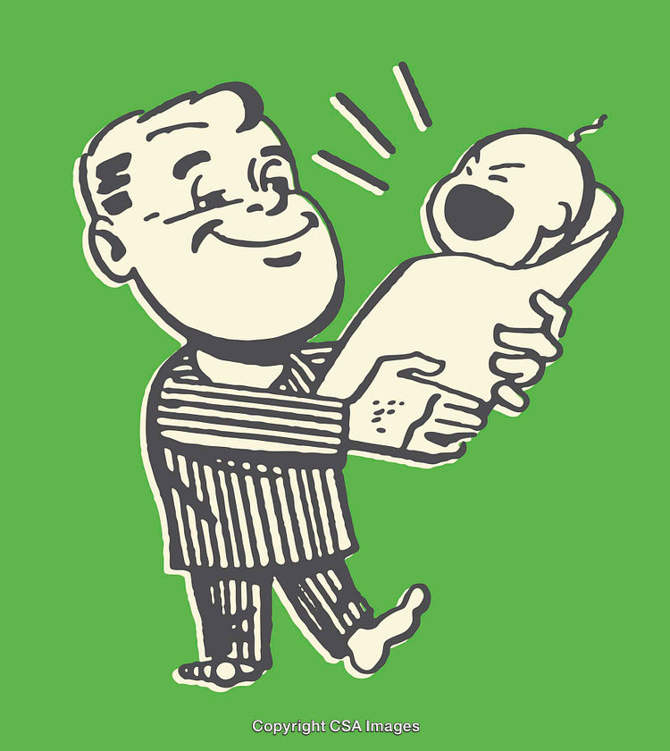 Illustration of a Smiling Man Joyfully Holding a Crying Baby
