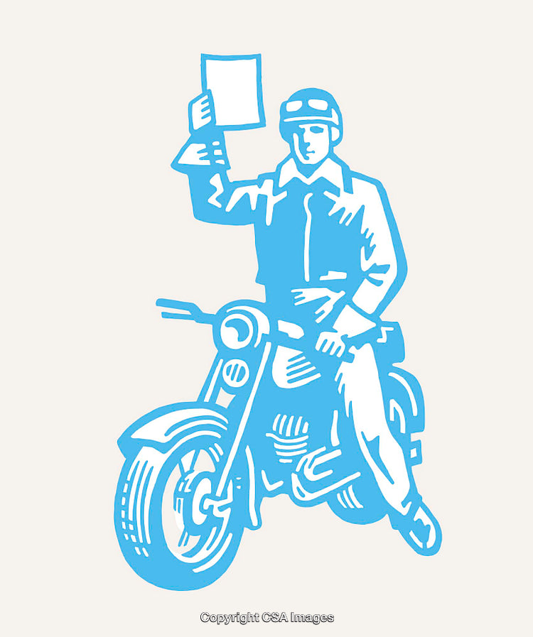 Illustration of a Motorcyclist Holding a Document in Blue Line Art Style