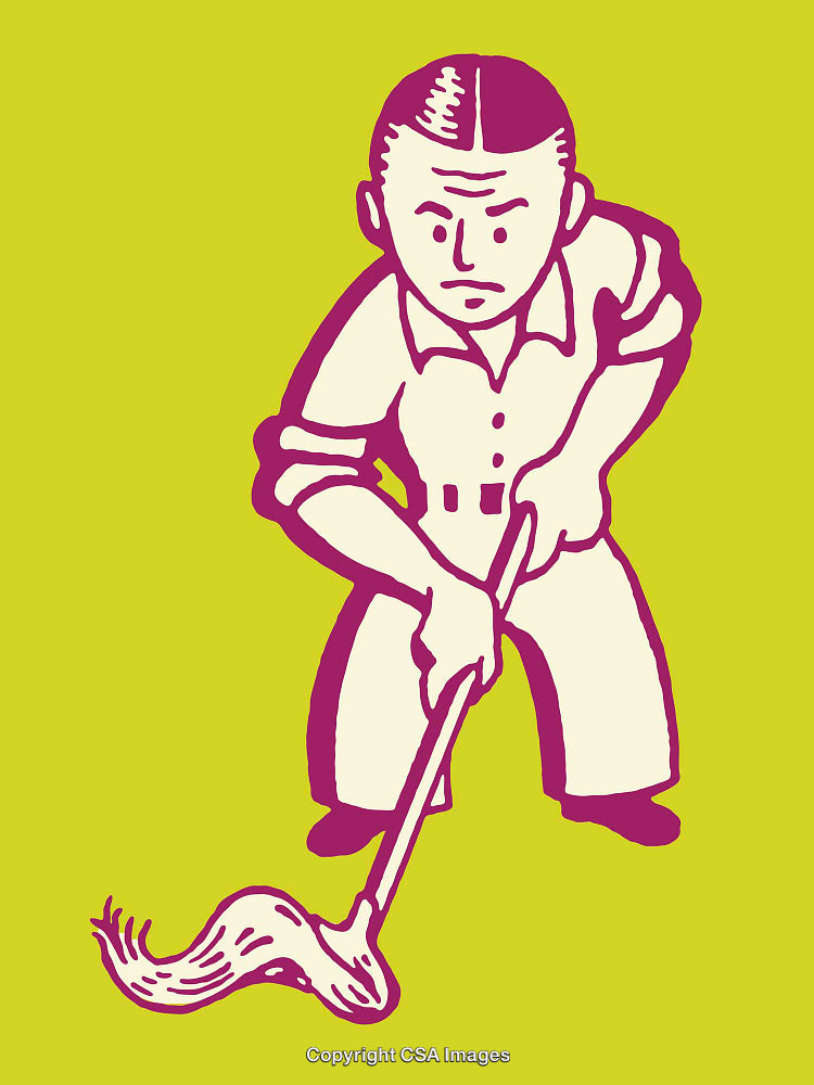Retro Style Illustration of a Man Cleaning the Floor With a Mop