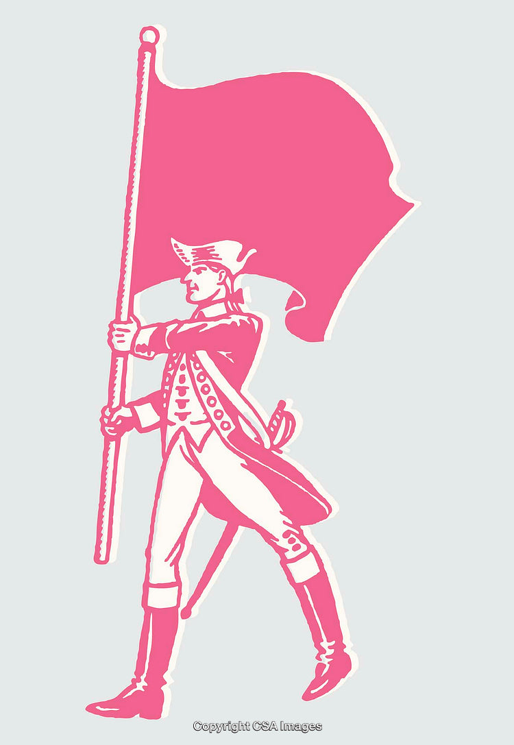 Vintage Pink Illustration of a Historical Flag Bearer in Detailed Style