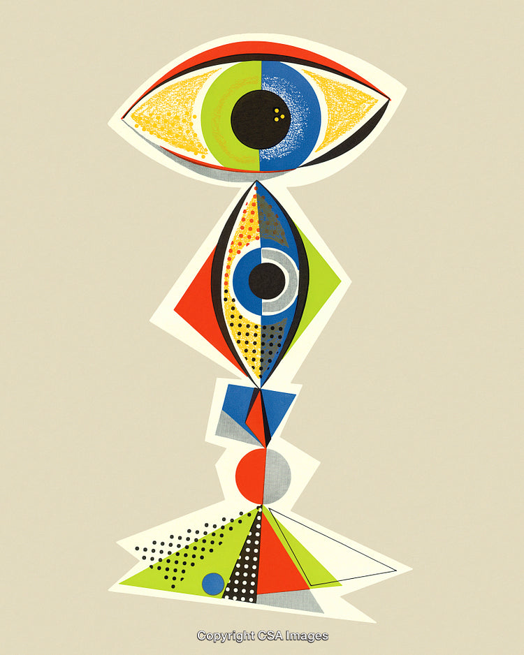 Colorful Geometric Abstract Art Featuring Eyes and Bold Patterns