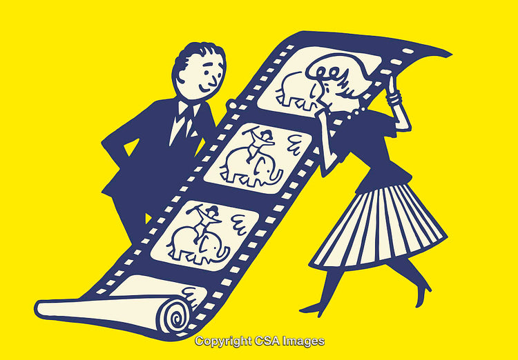 Retro Style Color Line Illustration of Film Strip with Characters