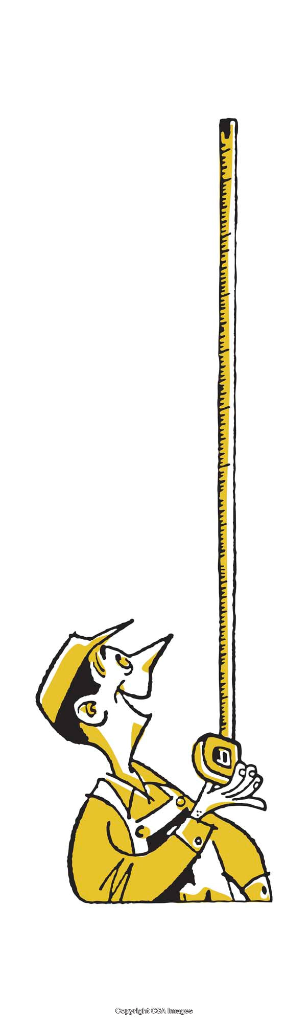 Cartoon Character Measuring Tall Object with Cartoon Tape Measure