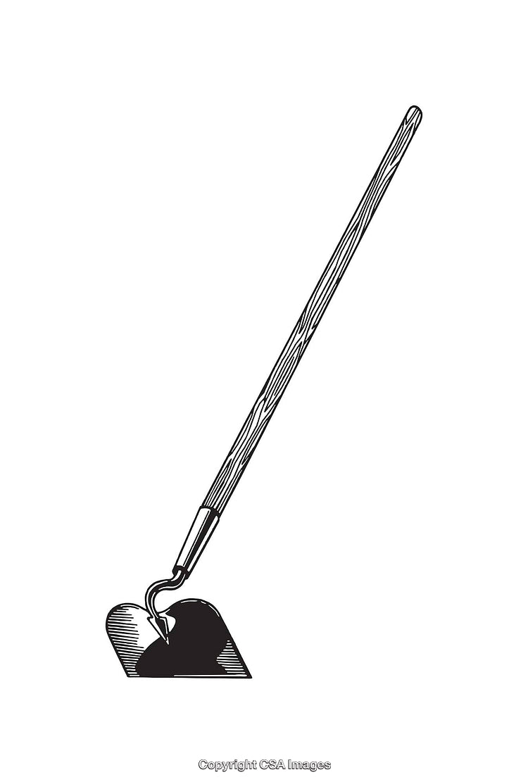 Black and White Line Art Drawing of a Garden Hoe