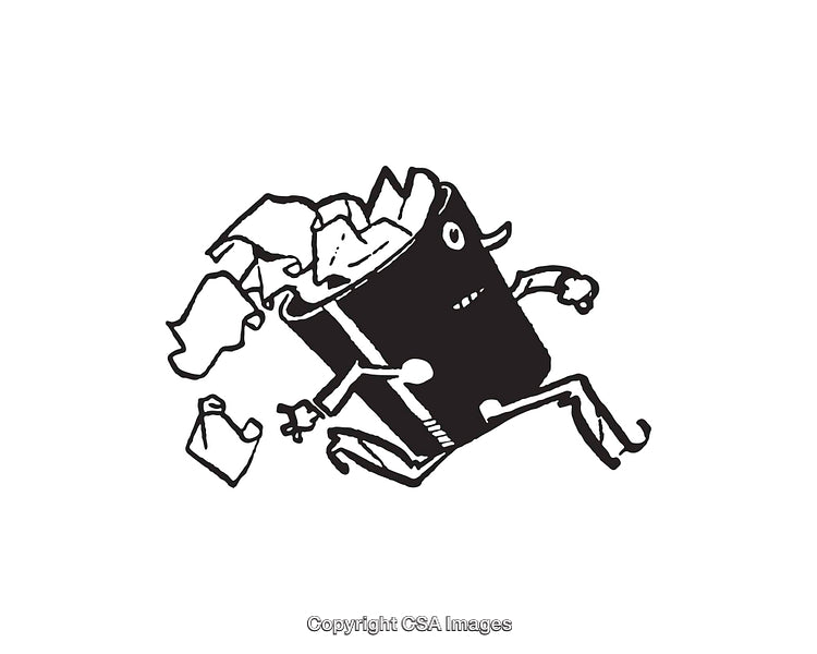 Whimsical Black And White Line Art Illustration Of A Running Trash Can