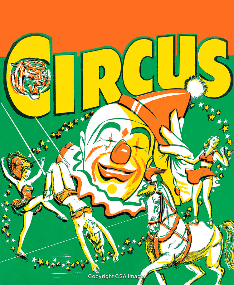 Colorful Vintage Circus Illustration Featuring Performers and Clown Portrait