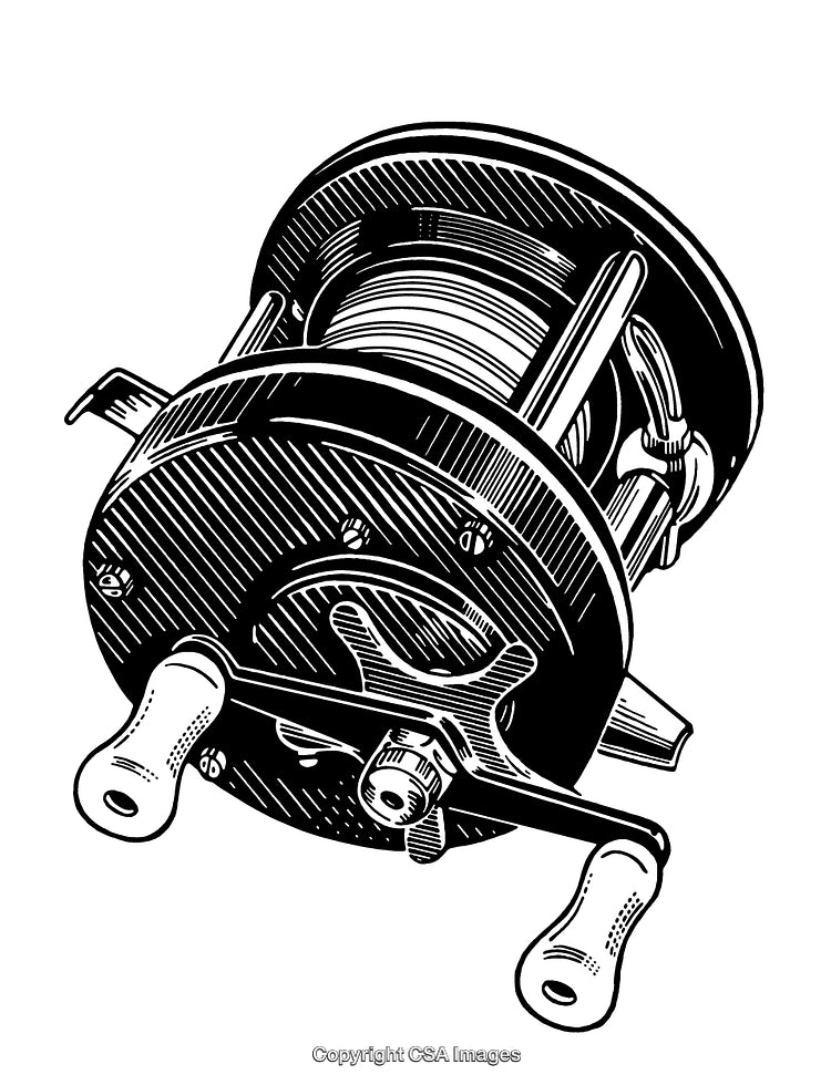 Intricate Black and White Engraving of a Fishing Reel with Detailed Craftsmanship