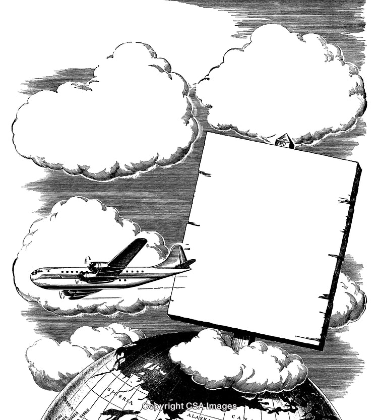 Vintage Airplane with Blank Poster Above a Globe and Clouds