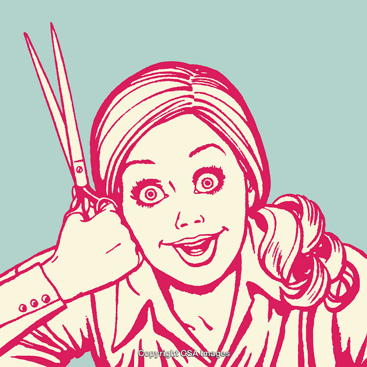 Retro Pop Art Illustration Featuring Surprised Woman Holding Scissors